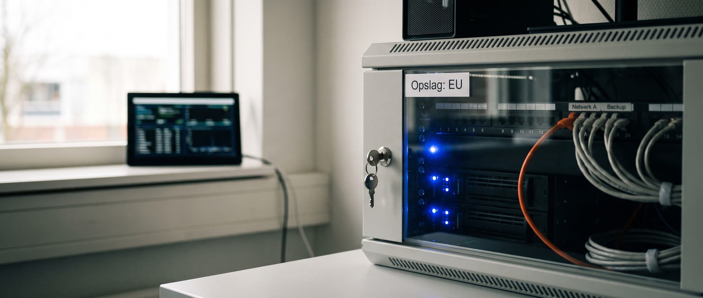 Afgesloten serverkast in een opgeruimde IT-ruimte