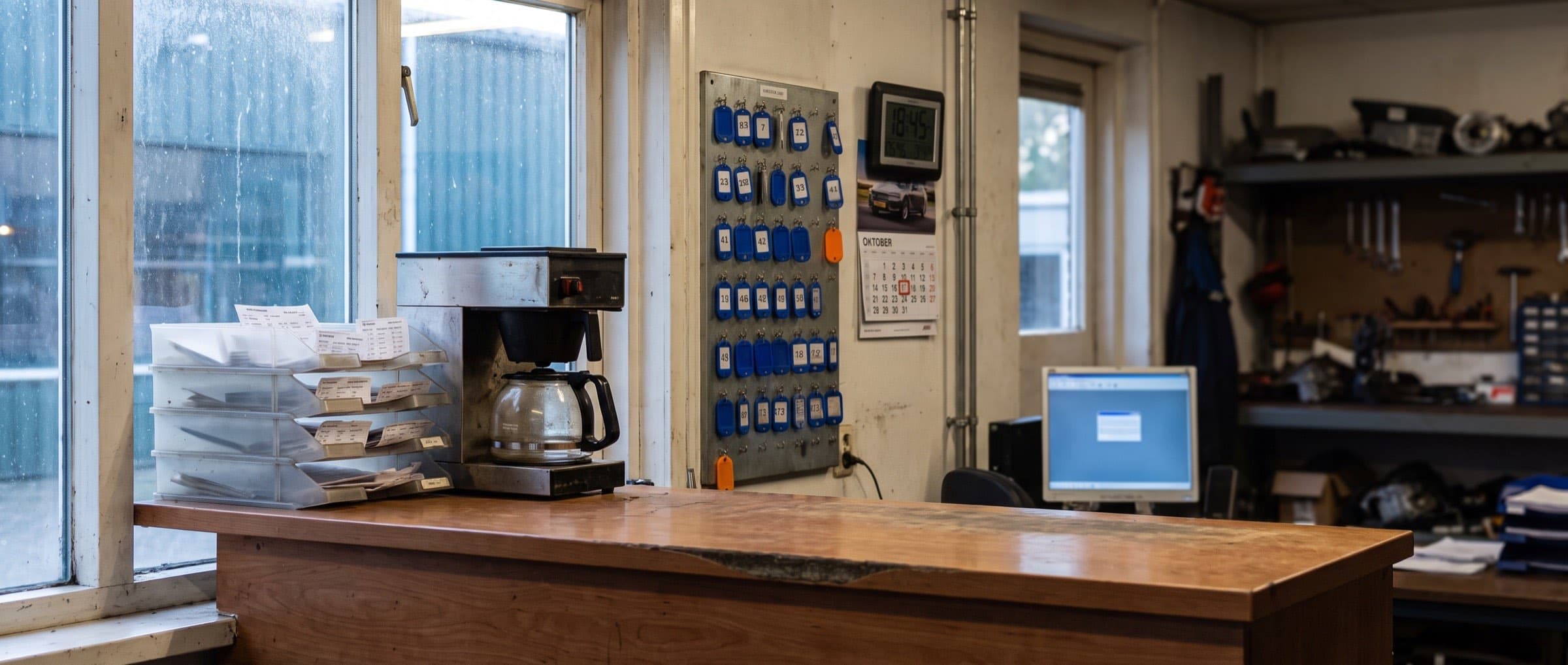 Balie van een autogarage met een stapel werkorders en een sleutelbord