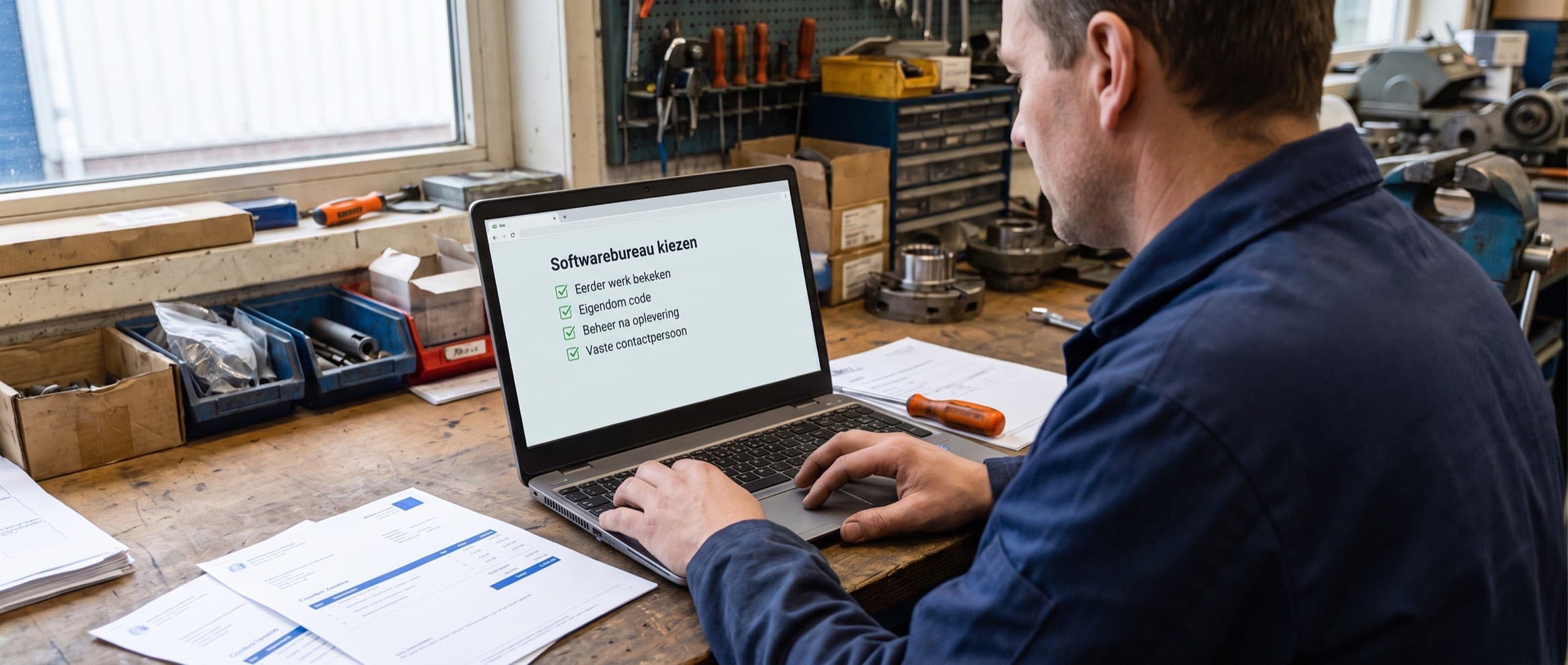 Ondernemer leest een uitgeprinte offerte met een checklist ernaast