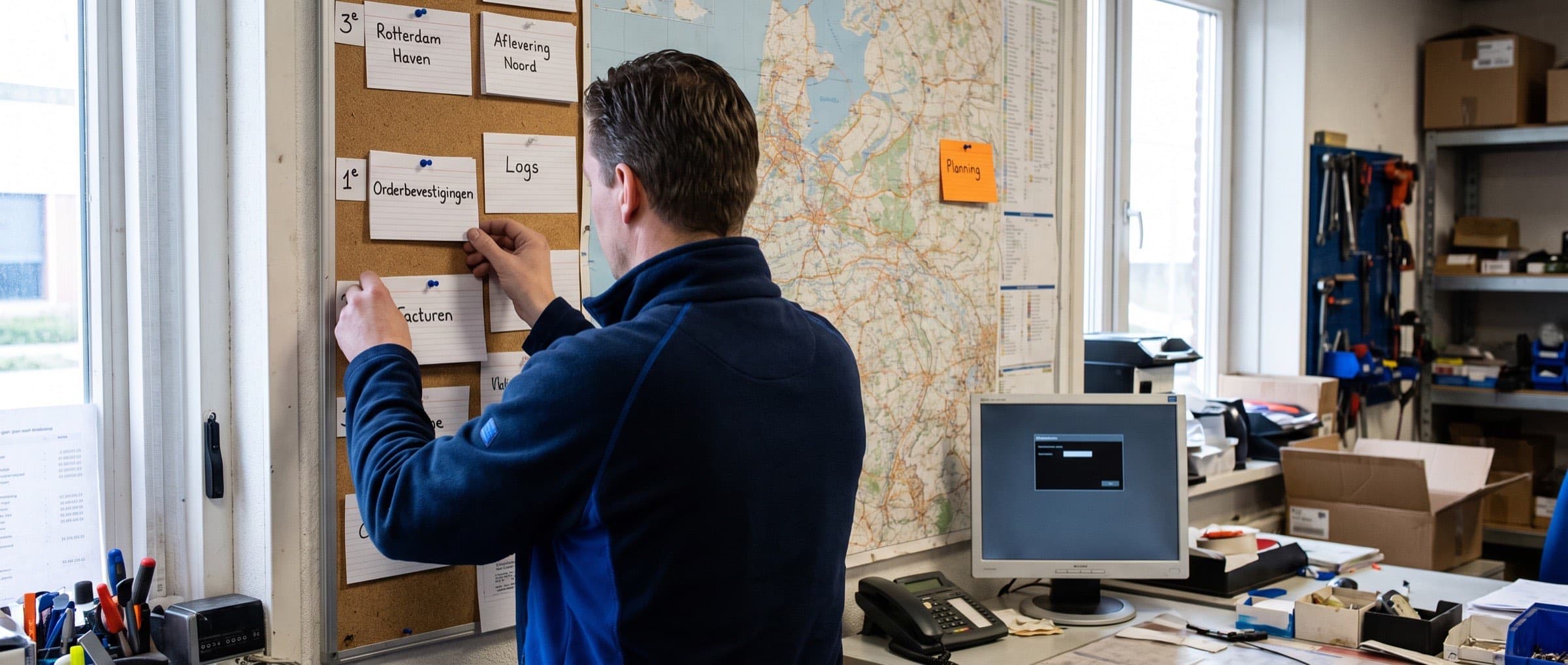 Planner van een transportbedrijf hangt kaartjes met processen op volgorde