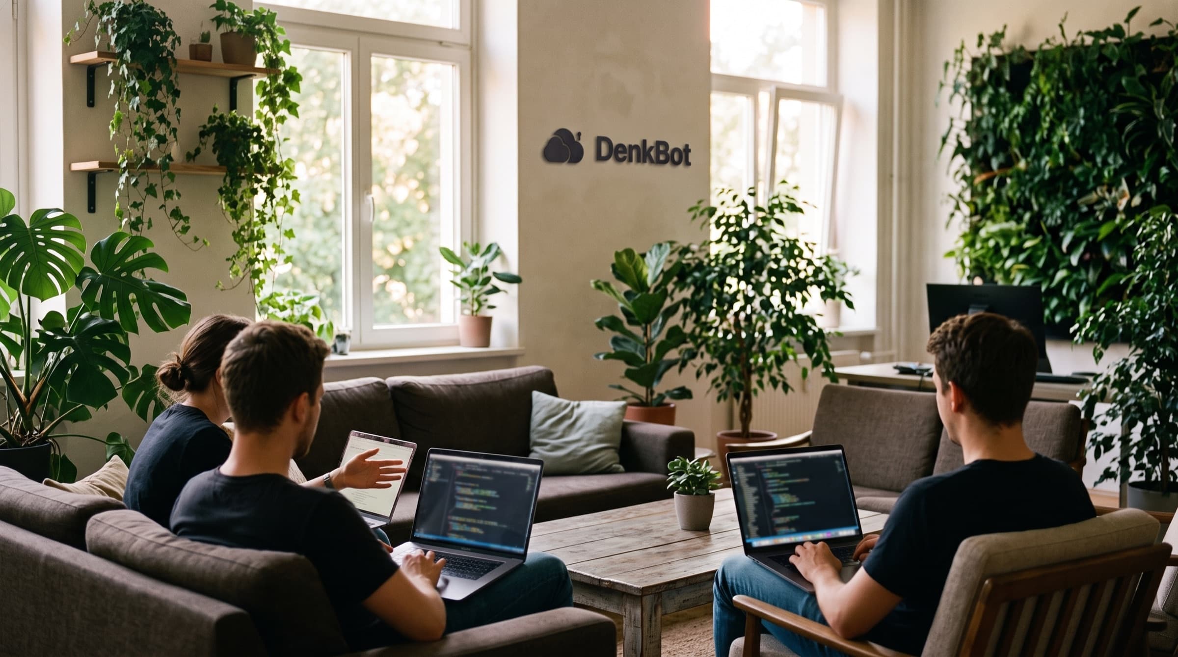 Drie developers werken met laptops op de banken in een kantoortuin vol planten, het DenkBot-logo op de muur